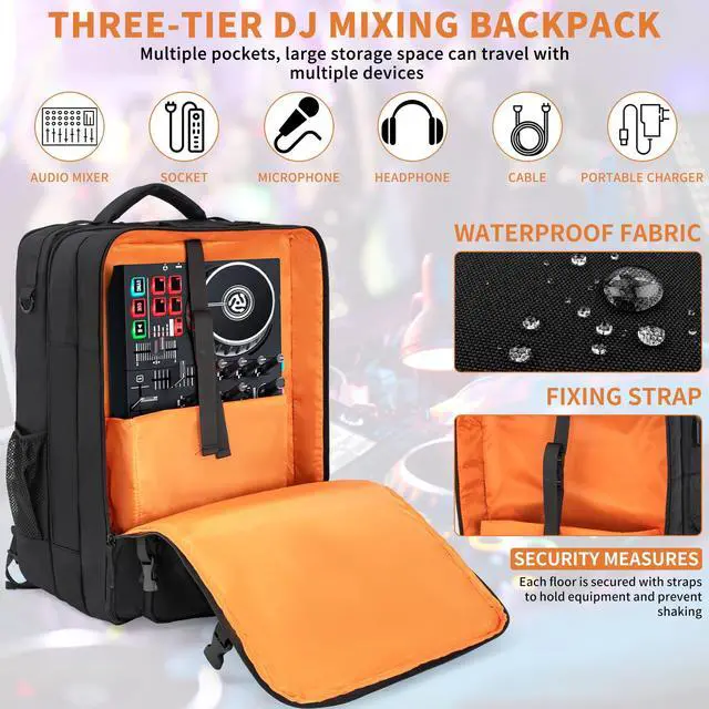 Alt view image 4 of 7 - DJ Mixer Travel Backpack 15"x9.8"x21.6" For Controller DJ Multi-Pockets With USB Port For Two Equipments,Laptop,Vinyl Records,Cables Accessories