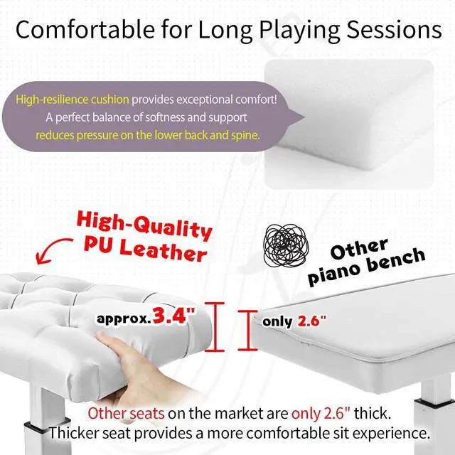 Alt view image 6 of 7 - Height Adjustable Keyboard Bench Hydraulic Lifting Tufted | Piano Bench 19.3" x 12.2" PU Leather Seat Keyboard Chair Heavy Duty Piano Stool with High-Density Sponge Alloy Base