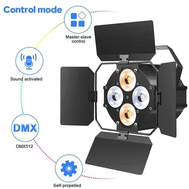 Alt view image 5 of 7 - Stage Lights with Barn Doors, LED Par Lights Warm & Cool White Spotlights, Sound Activated DMX512 Professional Par Can Light for Theater Church Events Wedding Studio Concert 4 Packs