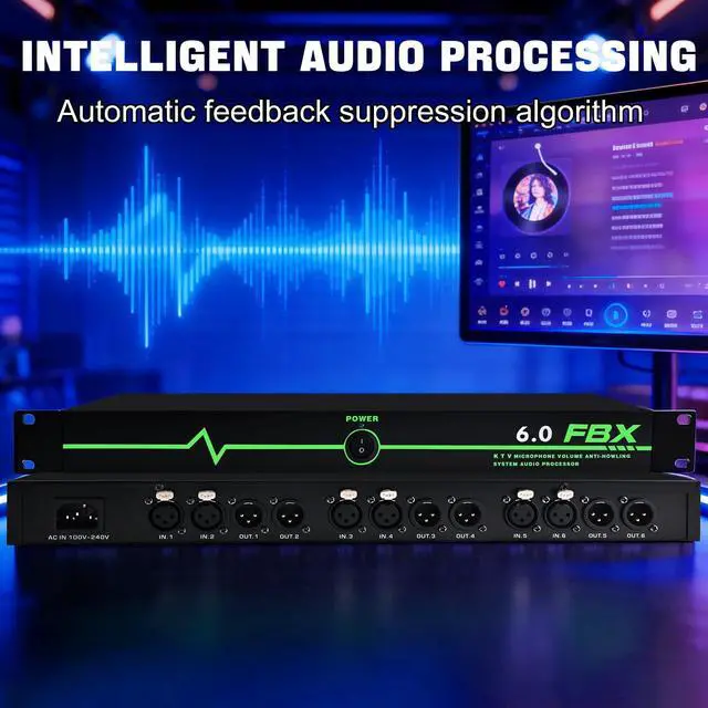 Alt view image 4 of 6 - Professional Feedback Suppressor, Audio Processor, 6-In 6-Out Microphone Anti-Howling Frequency Shifter, Feedback Eliminator for Performance Stage Conference and Karaoke, Plug-and-Play Design