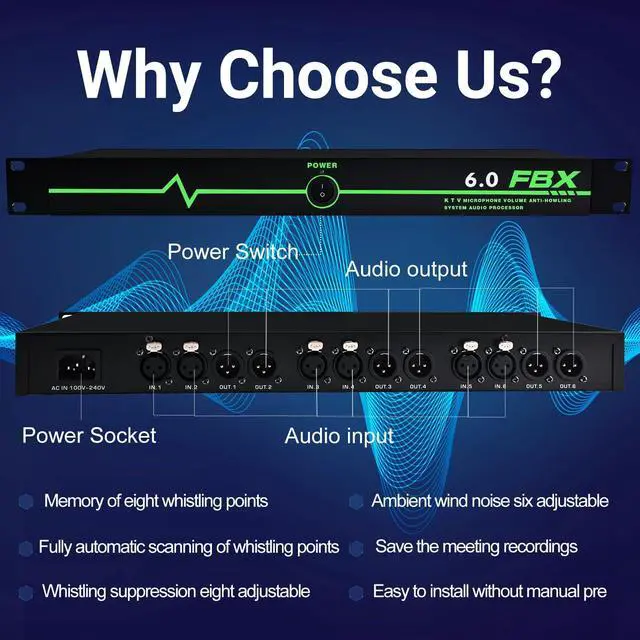 Alt view image 5 of 6 - Professional Feedback Suppressor, Audio Processor, 6-In 6-Out Microphone Anti-Howling Frequency Shifter, Feedback Eliminator for Performance Stage Conference and Karaoke, Plug-and-Play Design