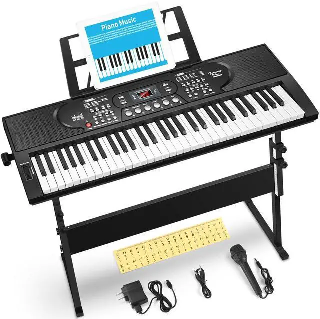 Main image of 61 Key Keyboard Piano with Stand, Portable Electric Piano Keyboard Kit for Beginners with Stand, Microphone,Note Stickers, Music Rest, Digital Music Keyboard Built-In Speakers