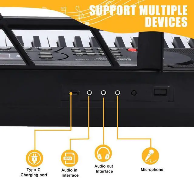 Alt view image 3 of 7 - 61 Key Keyboard Piano with Stand, Portable Electric Piano Keyboard Kit for Beginners with Stand, Microphone,Note Stickers, Music Rest, Digital Music Keyboard Built-In Speakers
