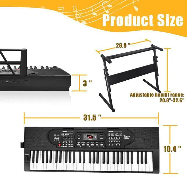 Alt view image 2 of 7 - 61 Key Keyboard Piano with Stand, Portable Electric Piano Keyboard Kit for Beginners with Stand, Microphone,Note Stickers, Music Rest, Digital Music Keyboard Built-In Speakers