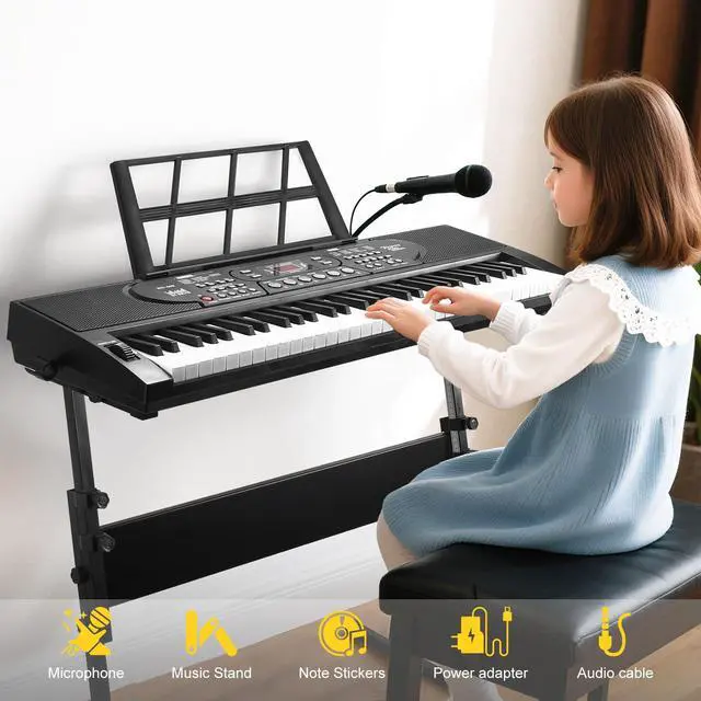Alt view image 4 of 7 - 61 Key Keyboard Piano with Stand, Portable Electric Piano Keyboard Kit for Beginners with Stand, Microphone,Note Stickers, Music Rest, Digital Music Keyboard Built-In Speakers