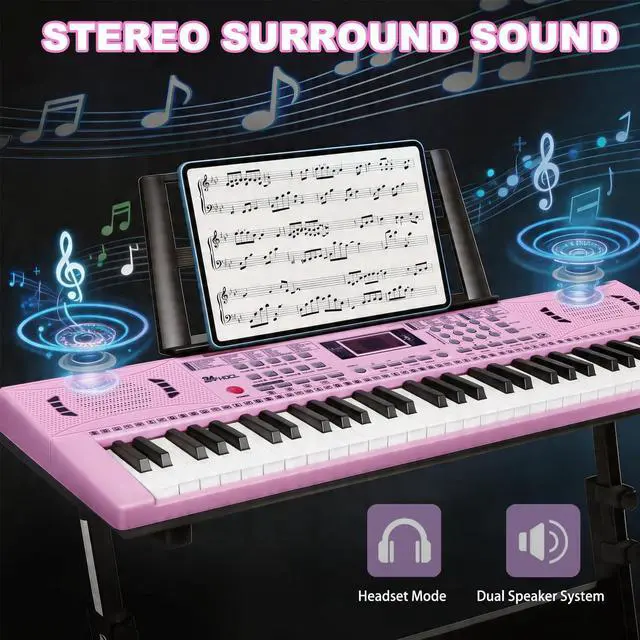 Alt view image 2 of 7 - 61 Key Keyboard Piano, Digital Kids Piano Keyboard with Stand, Gift for Early Education Children, Pink