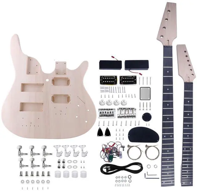 Main image of Double Neck DIY Guitar & Bass Kit 6 String & 4 String Guitar Kit | Basswood Body, Hard Maple Neck, Engineered Fretboard, Chrome Hardware, Build Your Own Bass and Guitar
