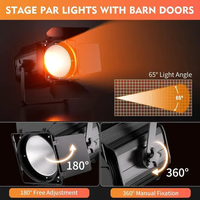Alt view image 5 of 7 - 200W Stage Par Lights Spotlights with Barn Doors, RGBWA UV 6in1 COB Par Light, Warm & Cold White Uplights DMX512 Sound Activated Controlled, DJ Lights for Party Indoor Church Wedding(2 Pack)