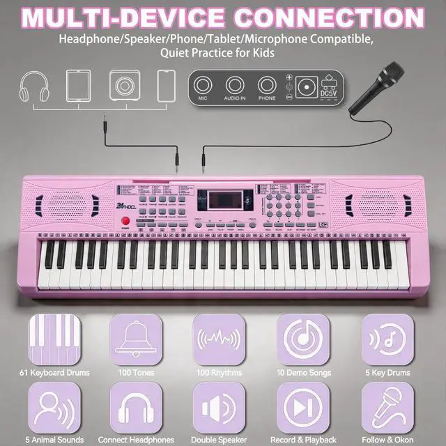 Alt view image 4 of 7 - 61 Key Keyboard Piano, Digital Kids Piano Keyboard with Stand, Gift for Early Education Children, Pink