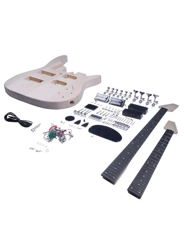 Alt view image 5 of 7 - Double Neck DIY Guitar & Bass Kit 6 String & 4 String Guitar Kit | Basswood Body, Hard Maple Neck, Engineered Fretboard, Chrome Hardware, Build Your Own Bass and Guitar