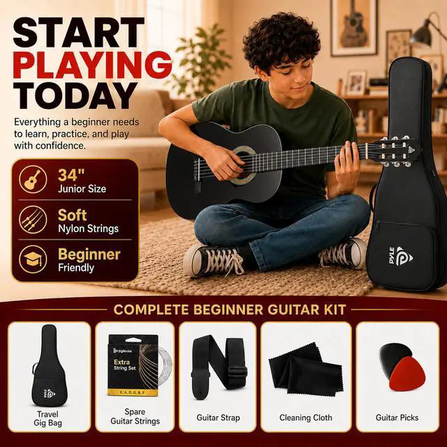 Alt view image 2 of 6 - Beginner Acoustic Guitar Kit, 1/2 Junior Size All Wood Instrument with Full Accessory Kit, Picks, Shoulder Strap, Carry Case, Cleaning Cloth, Tuner App, 2 Month Lessons, 34