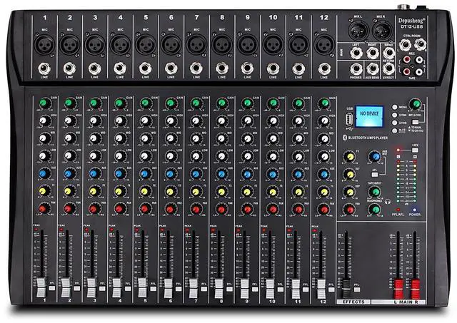 Main image of DT12 Studio Audio Mixer 12-Channel DJ Sound Controller Interface w/USB Drive for Computer Recording Input, XLR Microphone Jack, 48V Power, RCA Input/Output for Professional and Beginners