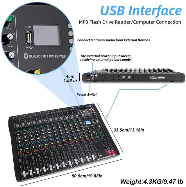 Alt view image 2 of 7 - DT12 Studio Audio Mixer 12-Channel DJ Sound Controller Interface w/USB Drive for Computer Recording Input, XLR Microphone Jack, 48V Power, RCA Input/Output for Professional and Beginners