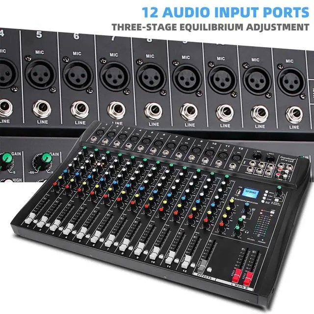 Alt view image 3 of 7 - DT12 Studio Audio Mixer 12-Channel DJ Sound Controller Interface w/USB Drive for Computer Recording Input, XLR Microphone Jack, 48V Power, RCA Input/Output for Professional and Beginners