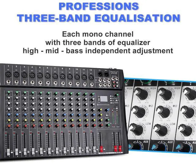 Alt view image 4 of 7 - DT12 Studio Audio Mixer 12-Channel DJ Sound Controller Interface w/USB Drive for Computer Recording Input, XLR Microphone Jack, 48V Power, RCA Input/Output for Professional and Beginners