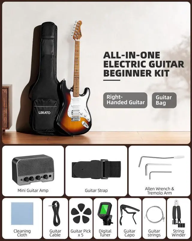 Alt view image 2 of 7 - Electric Guitar Kit Beginner 39 Inch Full Size Solid Body Guitar HSS for Starter Roasted Maple Neck Fretboard Stainless Steel Frets, 5W Mini Amp, Bag, Tuner, Capo, Strap, String, Picks-Sunburst