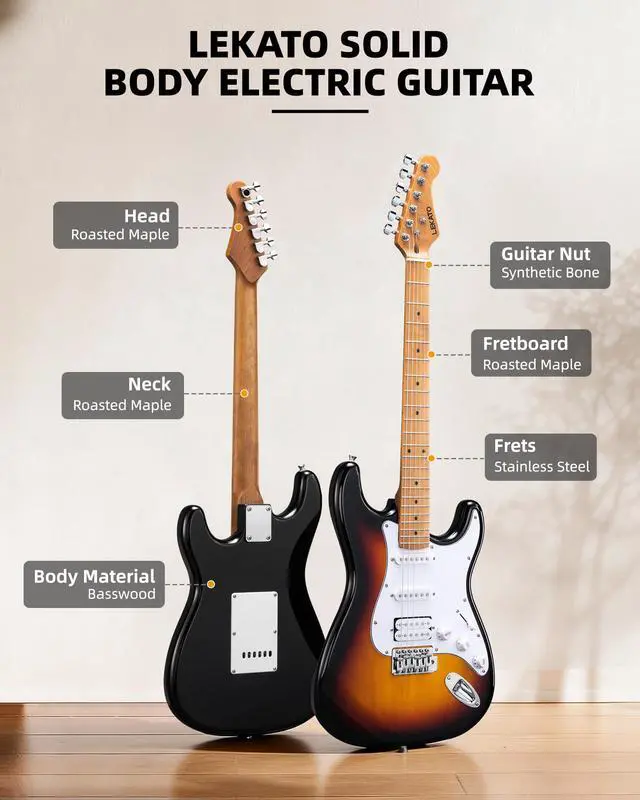 Alt view image 3 of 7 - Electric Guitar Kit Beginner 39 Inch Full Size Solid Body Guitar HSS for Starter Roasted Maple Neck Fretboard Stainless Steel Frets, 5W Mini Amp, Bag, Tuner, Capo, Strap, String, Picks-Sunburst