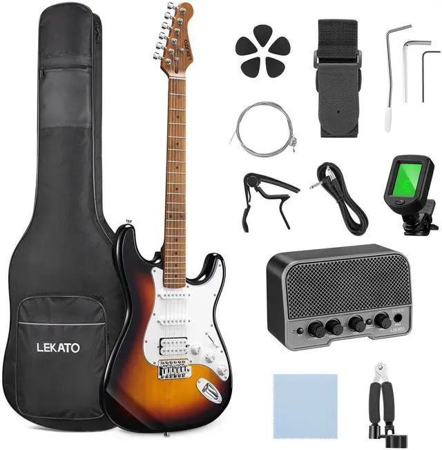Main image of Electric Guitar Kit Beginner 39 Inch Full Size Solid Body Guitar HSS for Starter Roasted Maple Neck Fretboard Stainless Steel Frets, 5W Mini Amp, Bag, Tuner, Capo, Strap, String, Picks-Sunburst
