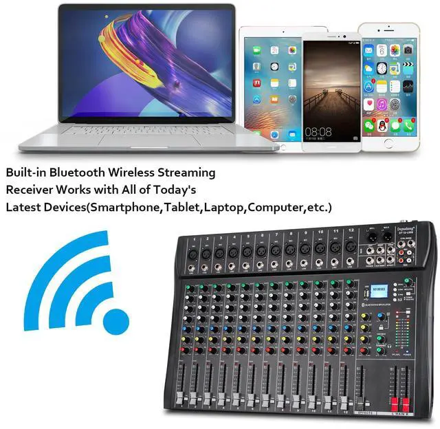 Alt view image 5 of 7 - DT12 Studio Audio Mixer 12-Channel DJ Sound Controller Interface w/USB Drive for Computer Recording Input, XLR Microphone Jack, 48V Power, RCA Input/Output for Professional and Beginners