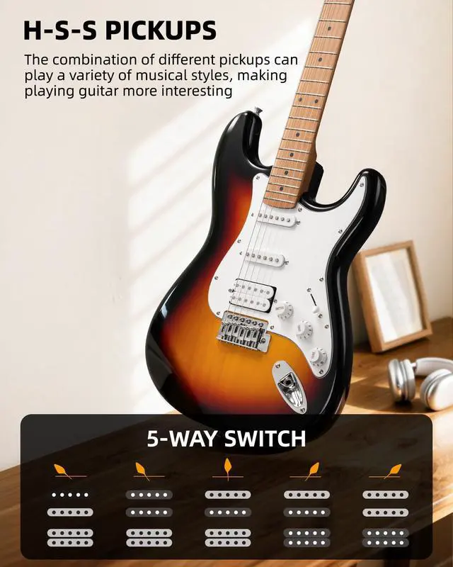 Alt view image 4 of 7 - Electric Guitar Kit Beginner 39 Inch Full Size Solid Body Guitar HSS for Starter Roasted Maple Neck Fretboard Stainless Steel Frets, 5W Mini Amp, Bag, Tuner, Capo, Strap, String, Picks-Sunburst