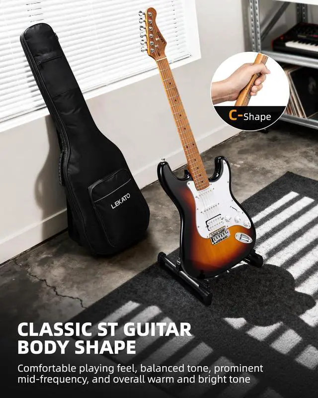 Alt view image 5 of 7 - Electric Guitar Kit Beginner 39 Inch Full Size Solid Body Guitar HSS for Starter Roasted Maple Neck Fretboard Stainless Steel Frets, 5W Mini Amp, Bag, Tuner, Capo, Strap, String, Picks-Sunburst