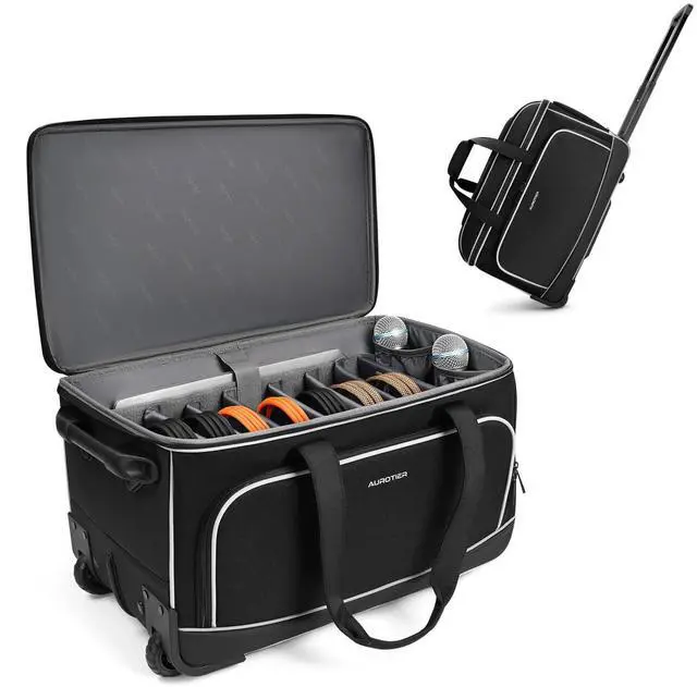 Main image of Large Rolling DJ Cable Bag with Wheels, Reinforced Padded Gig Bag with 8 Detachable Divider, Multi-Pocket for 17" Laptop, Microphone, Cord, Headset & Music Accessories