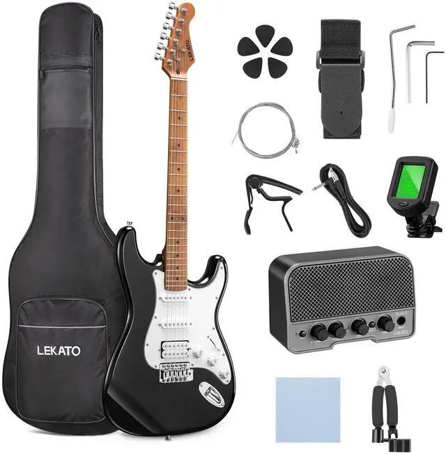 Main image of Electric Guitar Kit Beginner 39 Inch Full Size Solid Body Guitar HSS for Starter Roasted Maple Neck Fretboard Stainless Steel Frets, 5W Mini Amp, Bag, Tuner, Capo, Strap, String, Picks- Black