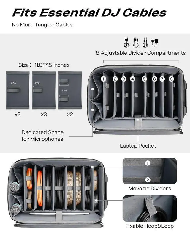 Alt view image 2 of 7 - Large Rolling DJ Cable Bag with Wheels, Reinforced Padded Gig Bag with 8 Detachable Divider, Multi-Pocket for 17" Laptop, Microphone, Cord, Headset & Music Accessories