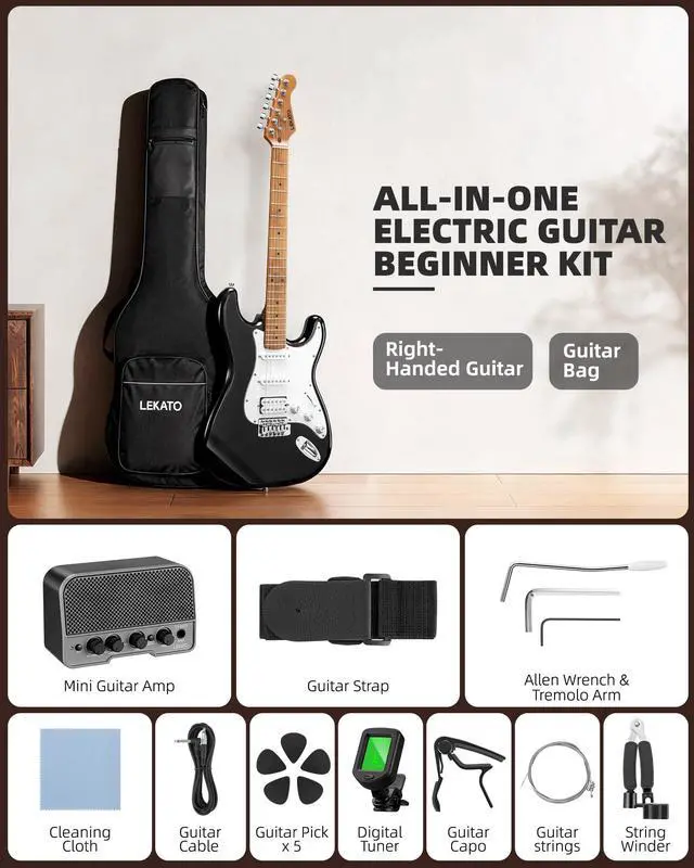 Alt view image 2 of 7 - Electric Guitar Kit Beginner 39 Inch Full Size Solid Body Guitar HSS for Starter Roasted Maple Neck Fretboard Stainless Steel Frets, 5W Mini Amp, Bag, Tuner, Capo, Strap, String, Picks- Black