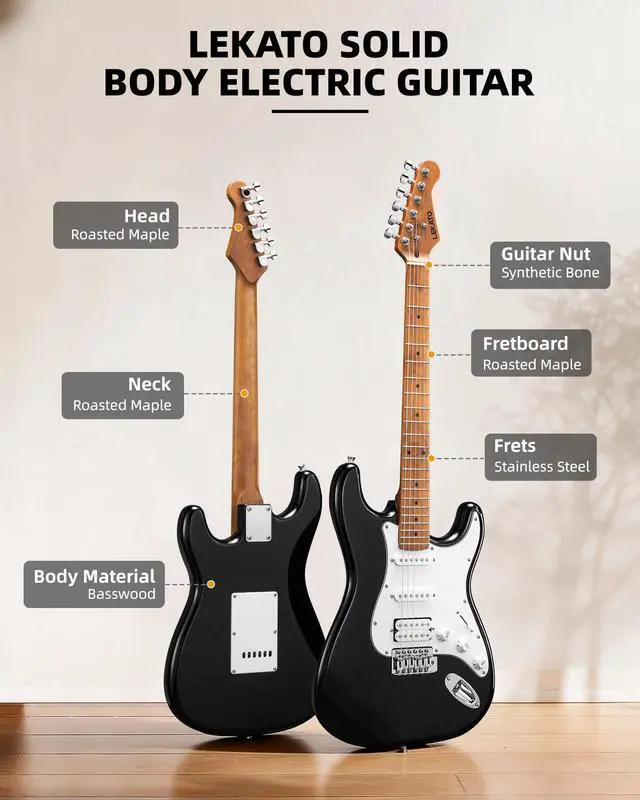 Alt view image 3 of 7 - Electric Guitar Kit Beginner 39 Inch Full Size Solid Body Guitar HSS for Starter Roasted Maple Neck Fretboard Stainless Steel Frets, 5W Mini Amp, Bag, Tuner, Capo, Strap, String, Picks- Black