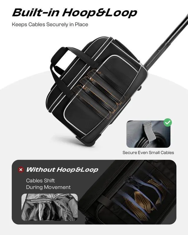 Alt view image 4 of 7 - Large Rolling DJ Cable Bag with Wheels, Reinforced Padded Gig Bag with 8 Detachable Divider, Multi-Pocket for 17" Laptop, Microphone, Cord, Headset & Music Accessories