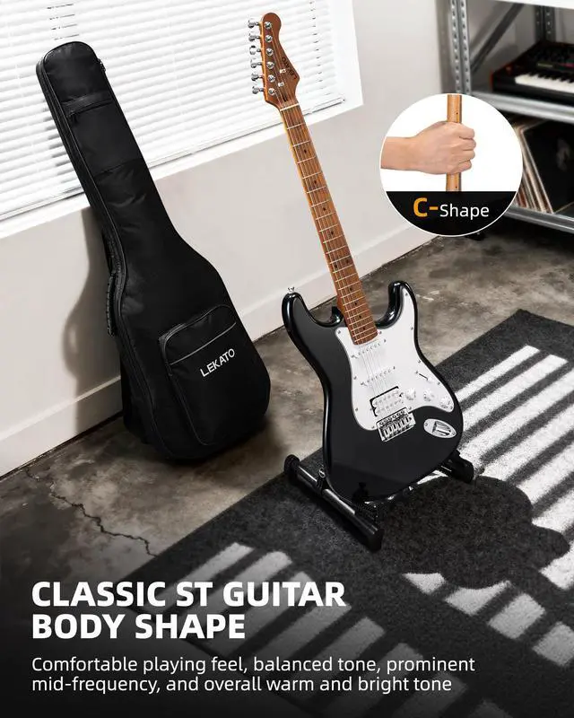 Alt view image 4 of 7 - Electric Guitar Kit Beginner 39 Inch Full Size Solid Body Guitar HSS for Starter Roasted Maple Neck Fretboard Stainless Steel Frets, 5W Mini Amp, Bag, Tuner, Capo, Strap, String, Picks- Black
