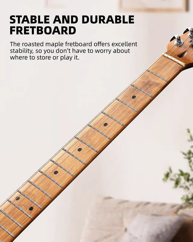 Alt view image 5 of 7 - Electric Guitar Kit Beginner 39 Inch Full Size Solid Body Guitar HSS for Starter Roasted Maple Neck Fretboard Stainless Steel Frets, 5W Mini Amp, Bag, Tuner, Capo, Strap, String, Picks- Black