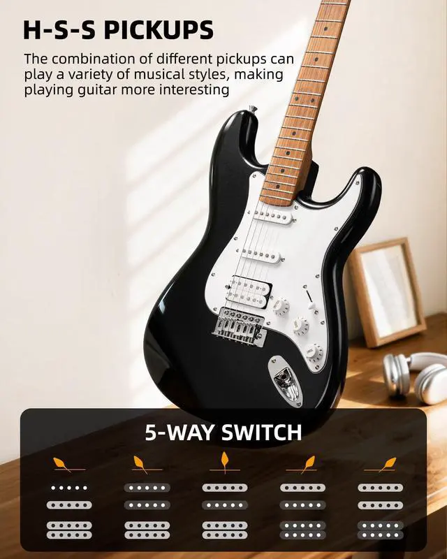 Alt view image 6 of 7 - Electric Guitar Kit Beginner 39 Inch Full Size Solid Body Guitar HSS for Starter Roasted Maple Neck Fretboard Stainless Steel Frets, 5W Mini Amp, Bag, Tuner, Capo, Strap, String, Picks- Black