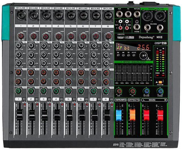 Main image of MX8 8 Channel Sound Mixer Audio Mixing Console 48V 256DSP Professional USB PC Play Record Podcast Live Broadcast (US MX8)