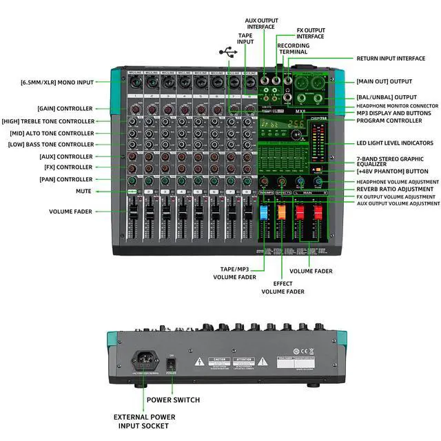 Alt view image 2 of 7 - MX8 8 Channel Sound Mixer Audio Mixing Console 48V 256DSP Professional USB PC Play Record Podcast Live Broadcast (US MX8)