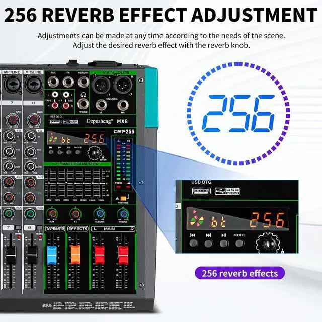 Alt view image 3 of 7 - MX8 8 Channel Sound Mixer Audio Mixing Console 48V 256DSP Professional USB PC Play Record Podcast Live Broadcast (US MX8)