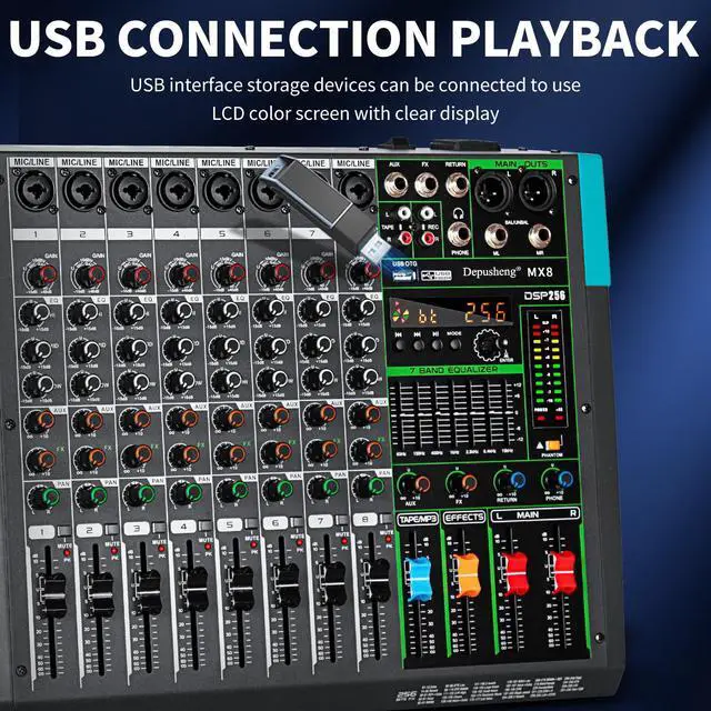 Alt view image 4 of 7 - MX8 8 Channel Sound Mixer Audio Mixing Console 48V 256DSP Professional USB PC Play Record Podcast Live Broadcast (US MX8)
