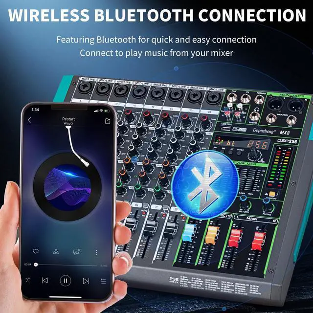 Alt view image 6 of 7 - MX8 8 Channel Sound Mixer Audio Mixing Console 48V 256DSP Professional USB PC Play Record Podcast Live Broadcast (US MX8)