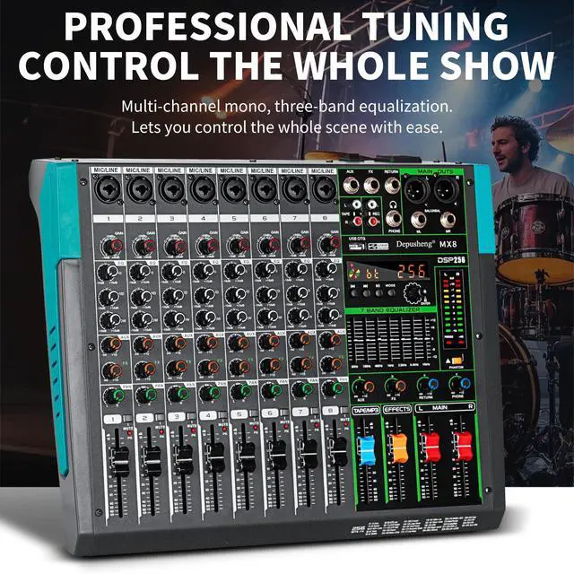 Alt view image 7 of 7 - MX8 8 Channel Sound Mixer Audio Mixing Console 48V 256DSP Professional USB PC Play Record Podcast Live Broadcast (US MX8)