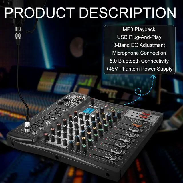 Alt view image 2 of 7 - 6-Channel Bluetooth Audio Mixer with 48V Phantom Power | Mixer Board with USB Audio Interface, Headphone Monitoring for Karaoke, Podcast, Music, Stage, Live Streaming & Recording