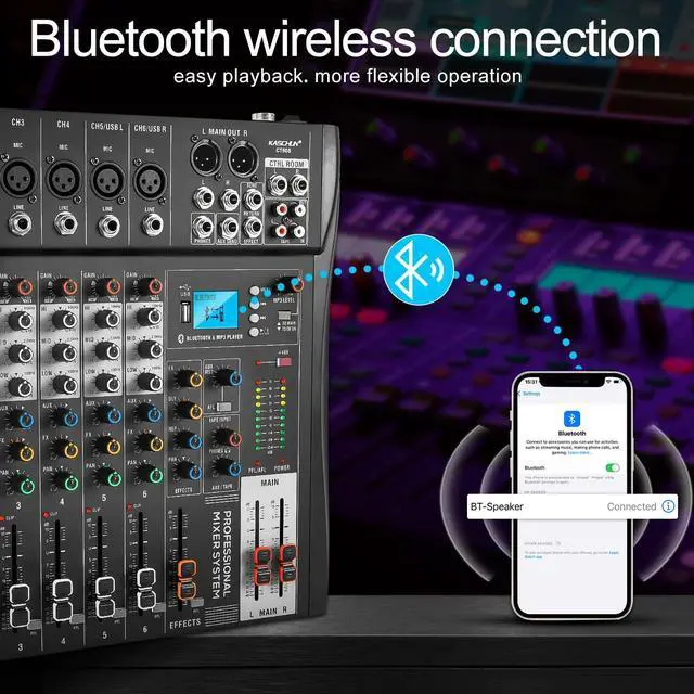 Alt view image 3 of 7 - 6-Channel Bluetooth Audio Mixer with 48V Phantom Power | Mixer Board with USB Audio Interface, Headphone Monitoring for Karaoke, Podcast, Music, Stage, Live Streaming & Recording