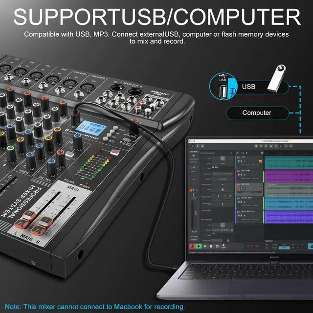 Alt view image 4 of 7 - 6-Channel Bluetooth Audio Mixer with 48V Phantom Power | Mixer Board with USB Audio Interface, Headphone Monitoring for Karaoke, Podcast, Music, Stage, Live Streaming & Recording