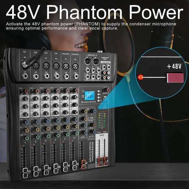 Alt view image 5 of 7 - 6-Channel Bluetooth Audio Mixer with 48V Phantom Power | Mixer Board with USB Audio Interface, Headphone Monitoring for Karaoke, Podcast, Music, Stage, Live Streaming & Recording