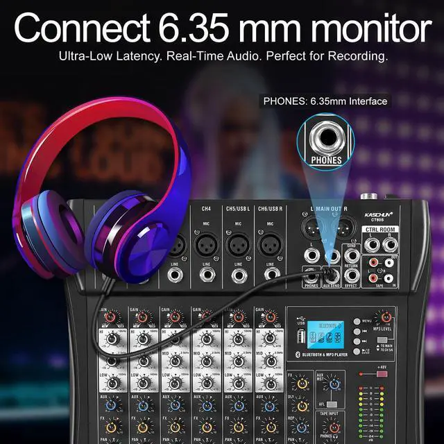 Alt view image 6 of 7 - 6-Channel Bluetooth Audio Mixer with 48V Phantom Power | Mixer Board with USB Audio Interface, Headphone Monitoring for Karaoke, Podcast, Music, Stage, Live Streaming & Recording
