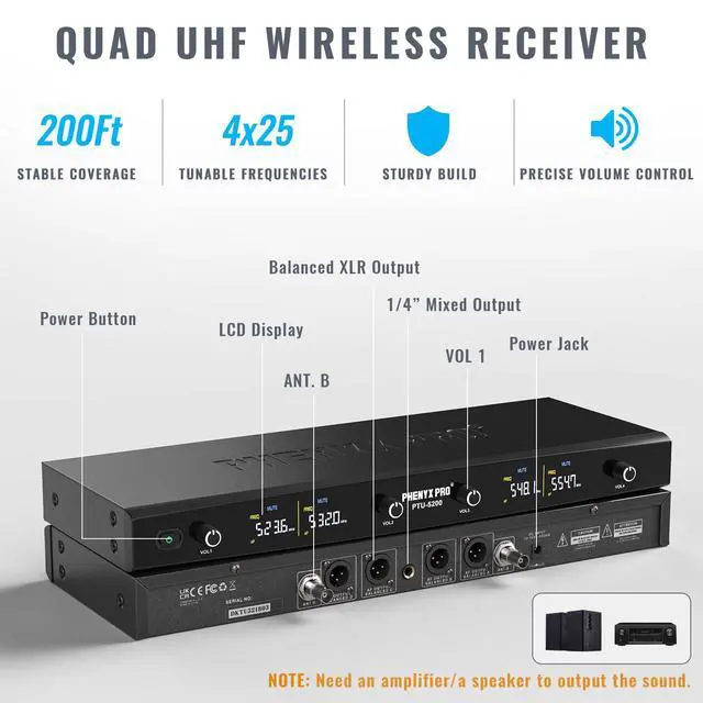 Alt view image 2 of 7 - 4-Ch UHF Metal Dynamic Wireless Microphone System PTU-5200-4H | 4 Cordless Handheld Mics, 4 x 25 Frequencies, 200 ft Range, Singing, Karaoke, Church Services, DJ Sets
