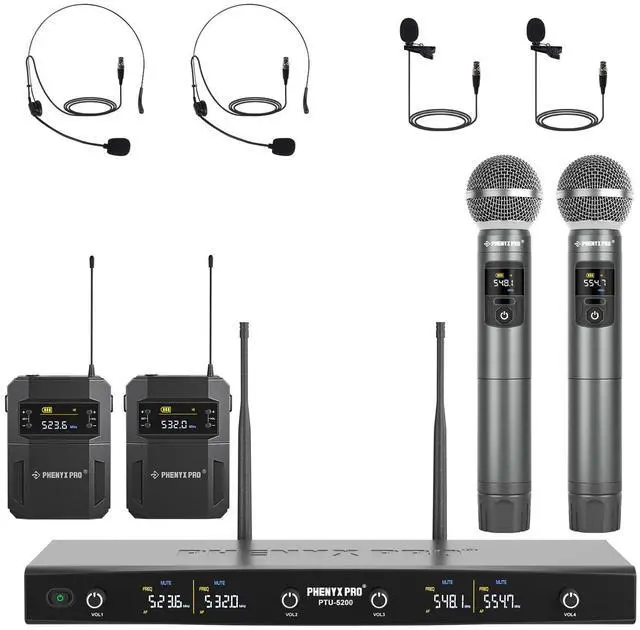 Main image of 4-Ch UHF Handheld/Bodypack Wireless Microphones PTU-5200-2H2B | 2 Handheld Mics, 2 Bodypacks, Headset/Lapel Mics, 4 x 25 Frequencies, 200 ft Range, Stage Vocals, Karaoke, Church Services