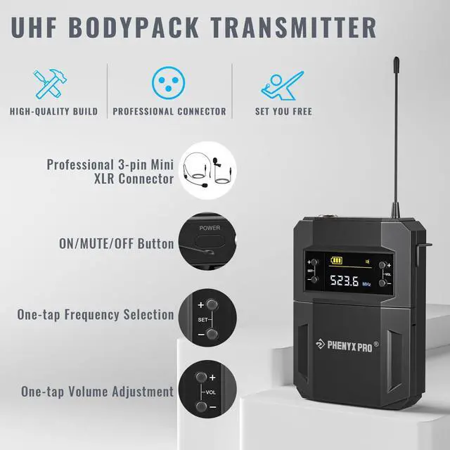 Alt view image 4 of 7 - 4-Ch UHF Handheld/Bodypack Wireless Microphones PTU-5200-2H2B | 2 Handheld Mics, 2 Bodypacks, Headset/Lapel Mics, 4 x 25 Frequencies, 200 ft Range, Stage Vocals, Karaoke, Church Services