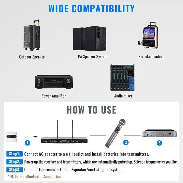 Alt view image 6 of 7 - 4-Ch UHF Handheld/Bodypack Wireless Microphones PTU-5200-2H2B | 2 Handheld Mics, 2 Bodypacks, Headset/Lapel Mics, 4 x 25 Frequencies, 200 ft Range, Stage Vocals, Karaoke, Church Services