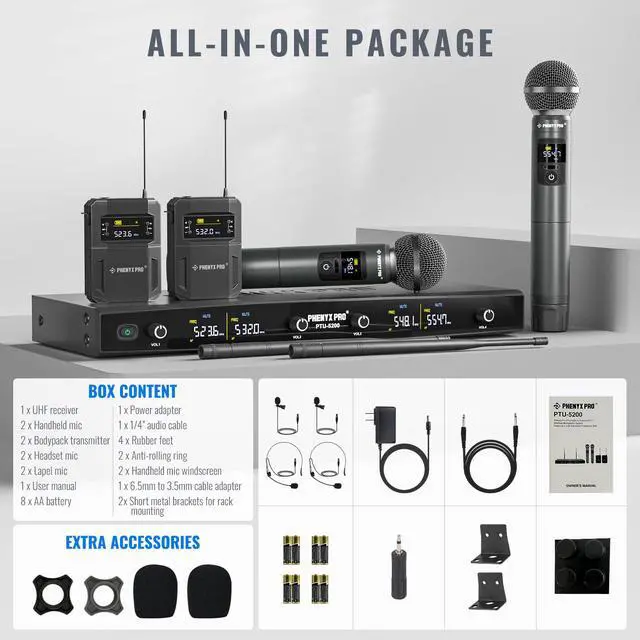 Alt view image 7 of 7 - 4-Ch UHF Handheld/Bodypack Wireless Microphones PTU-5200-2H2B | 2 Handheld Mics, 2 Bodypacks, Headset/Lapel Mics, 4 x 25 Frequencies, 200 ft Range, Stage Vocals, Karaoke, Church Services